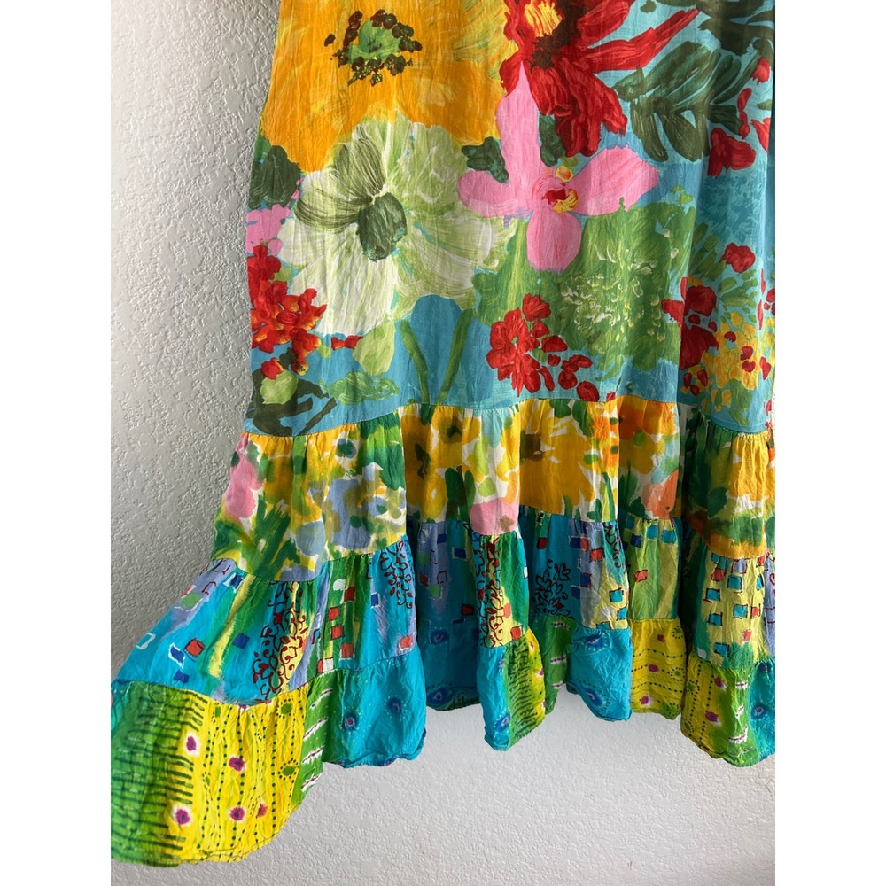 Vintage Jams World Tropical Floral Patchwork Tiered Midi Dress L 2000s Dopamine - Picture 7 of 13